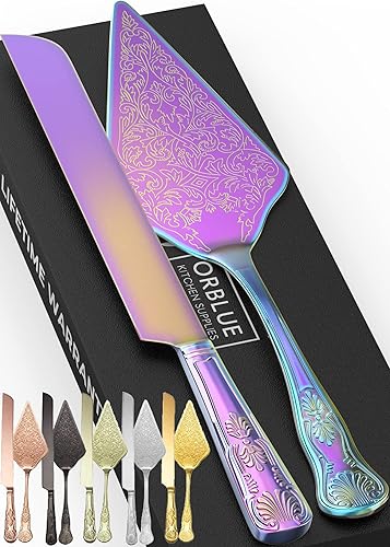 Orblue Juego de cuchillo y servidor para pastel de boda, juego de corte de alta calidad, bellamente grabado, elegante recuerdo para recién casados,