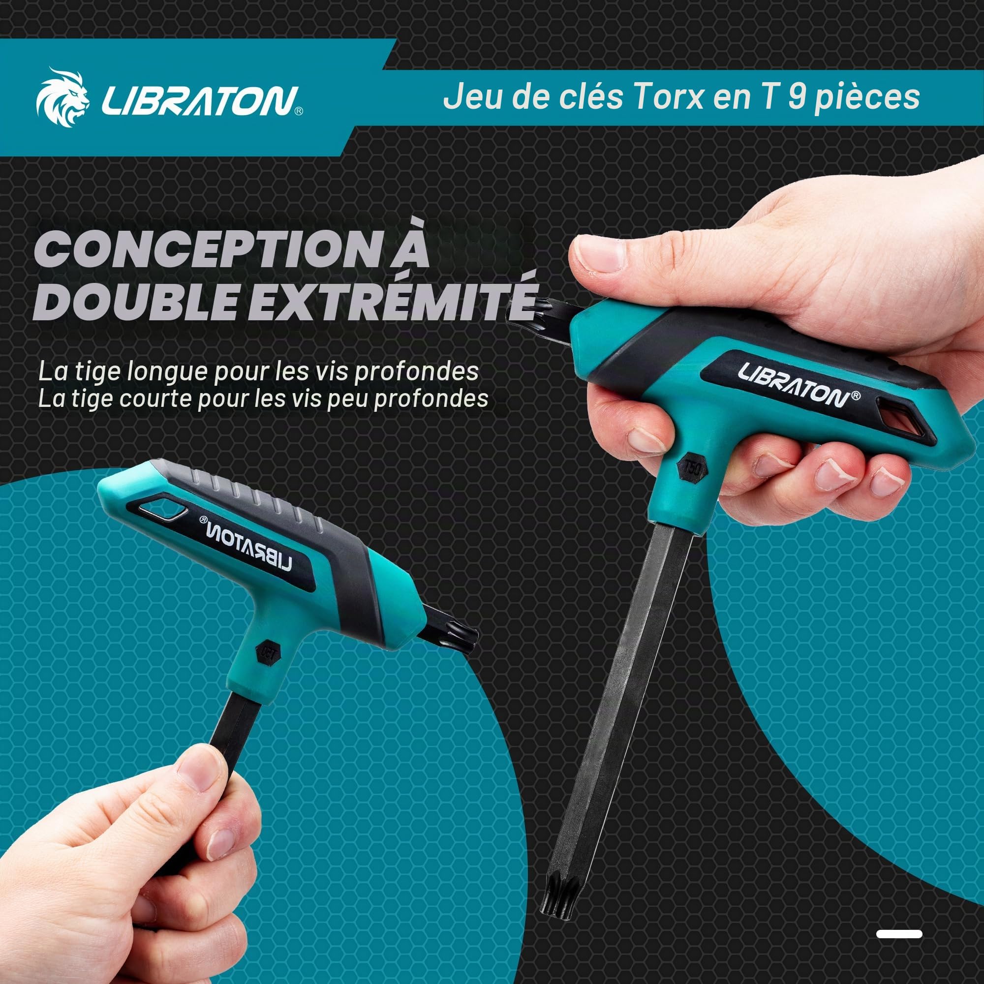 LIBRATON Jeu de Clés Torx à Poignée en T, Clé Torx à Étoile T10-T50, Conception à Deux Pointes, Adaptée Aux Vis Torx, Bricolage, Outil de Réparation de Vélo, 9 Pièces avec Support de Rangement