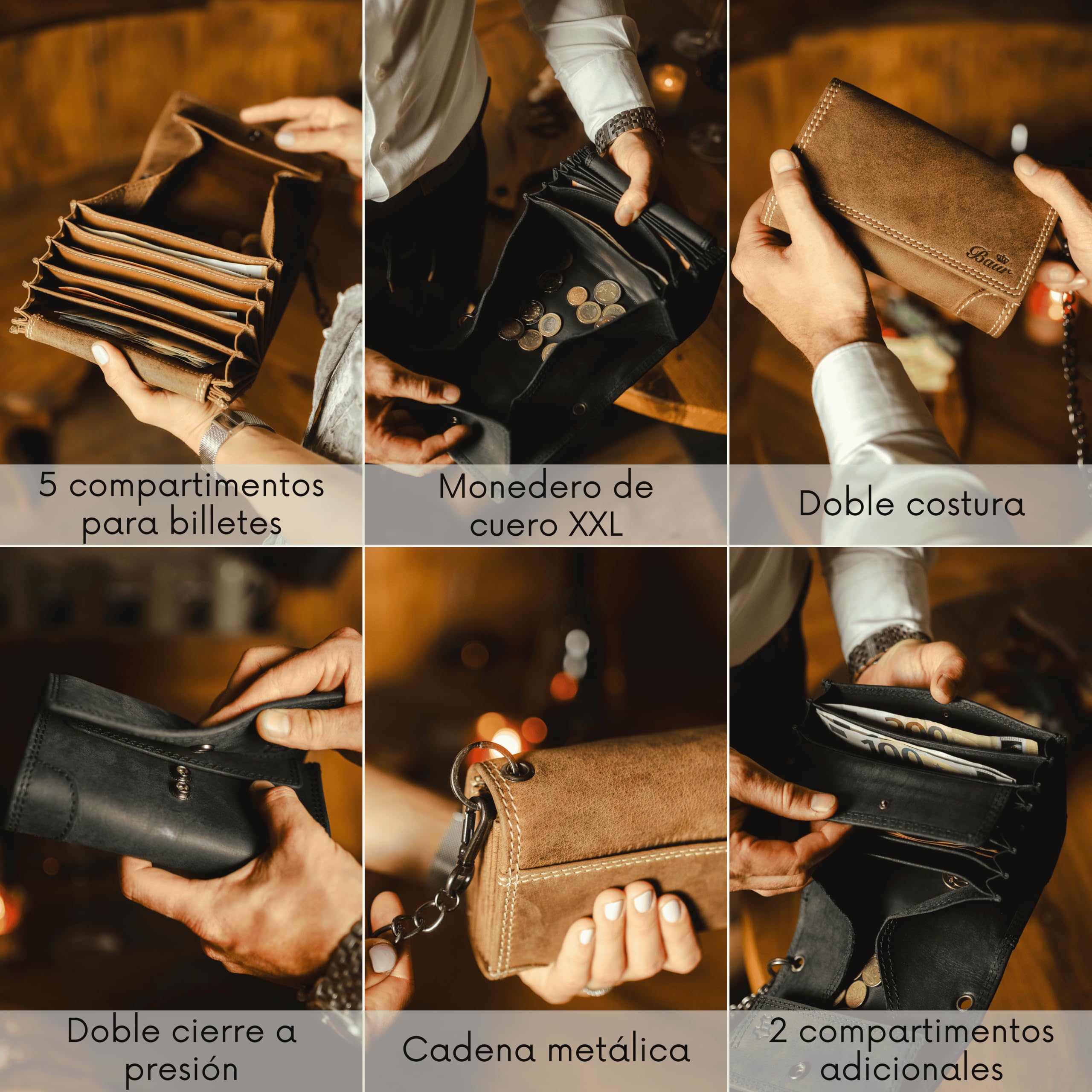 Carteras de camarero de piel de búfalo, Negro , 28 x 8 x 15 cm, Set grande con cierre de botón a presión