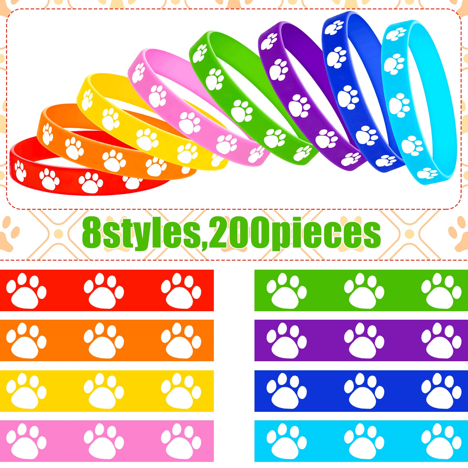 Gejoy Lot de 200 bracelets élastiques en silicone avec empreintes de pattes multicolores pour fête d'anniversaire