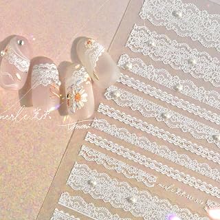 IDDFEVE Lace Nail Stickers - Pearl Studded Wedding Design for Crystal Diamond Nail Art Decals, Self-Adhesive Elegant White Romantic Luxury Manicure Supplies for Women Girls DIY