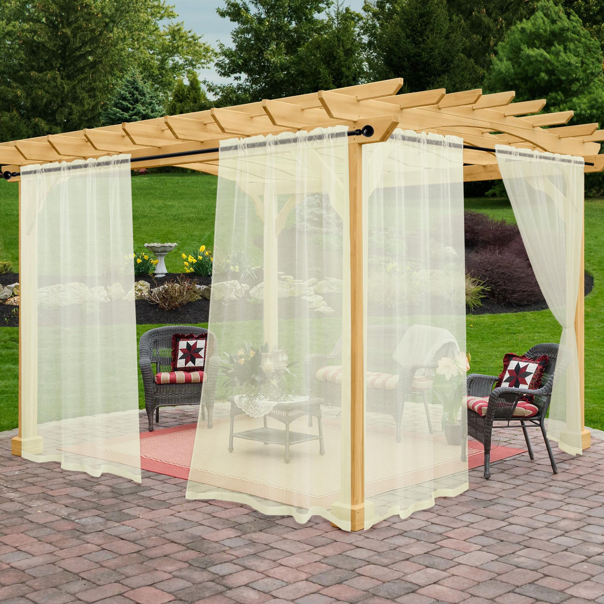 Awnmeow Outdoor Sheer Curtains for Patio Waterproof, 2 Panels Rod Pocket Indoor/Outdoor Voile Ivory Sheer Curtain for Pergola, Porch, Cabana and Gazebo，52 x 95 Inch — image 1