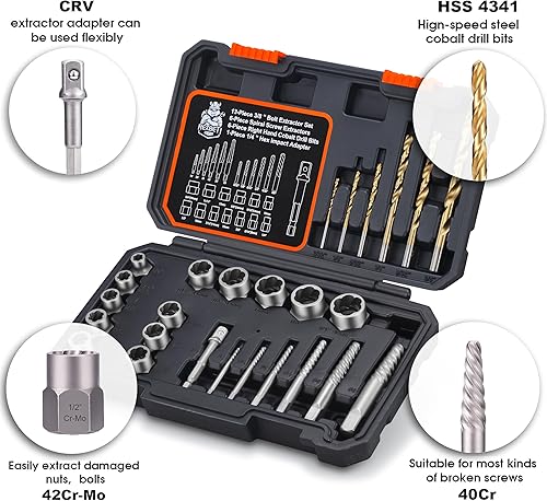 Miniatura 4 de REXBETI Juego de extractor de pernos y extractor de tornillos de 26 piezas y juego de brocas de cobalto, estuche con extractor de pernos de 13