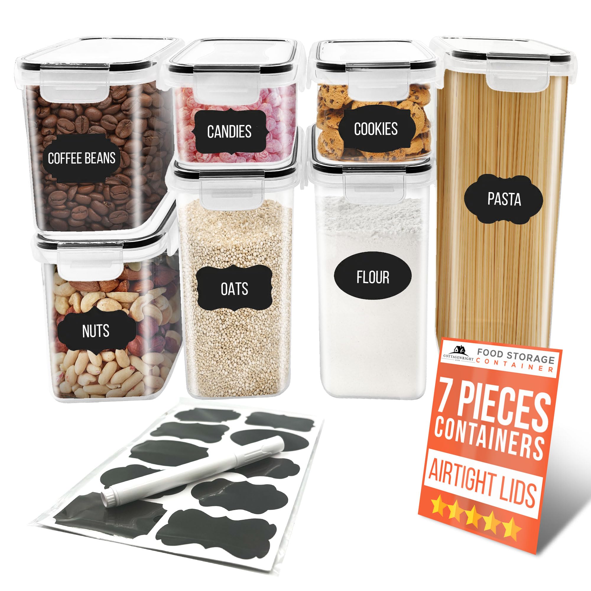7 Airtight Food Containers - Food Storage Containers - BPA-Free 7-Pack with Chalkboard Labels & Marker - 4-Side Locking System - Cereal Storage Containers - Kitchen Storage & Organisation