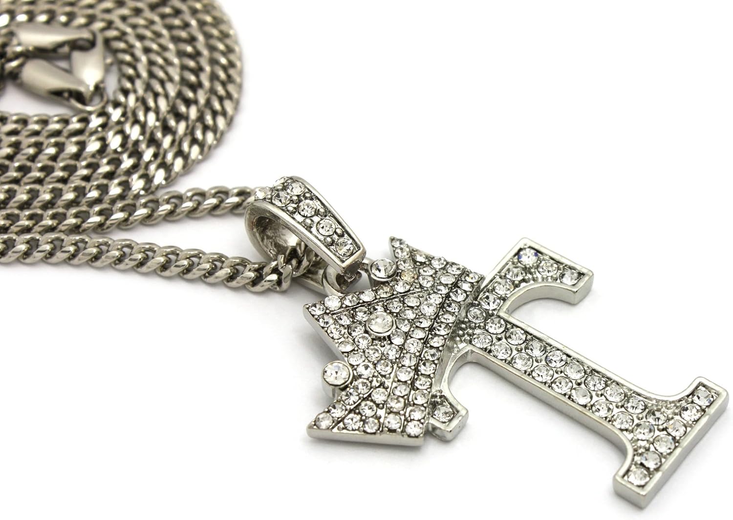 Fashion 21 Iced Out King Crown Alphabet T Pendant 24" Various Chain Necklace in Gold, Silver Tone (Silver / 3mm 24" Cuban Chain)