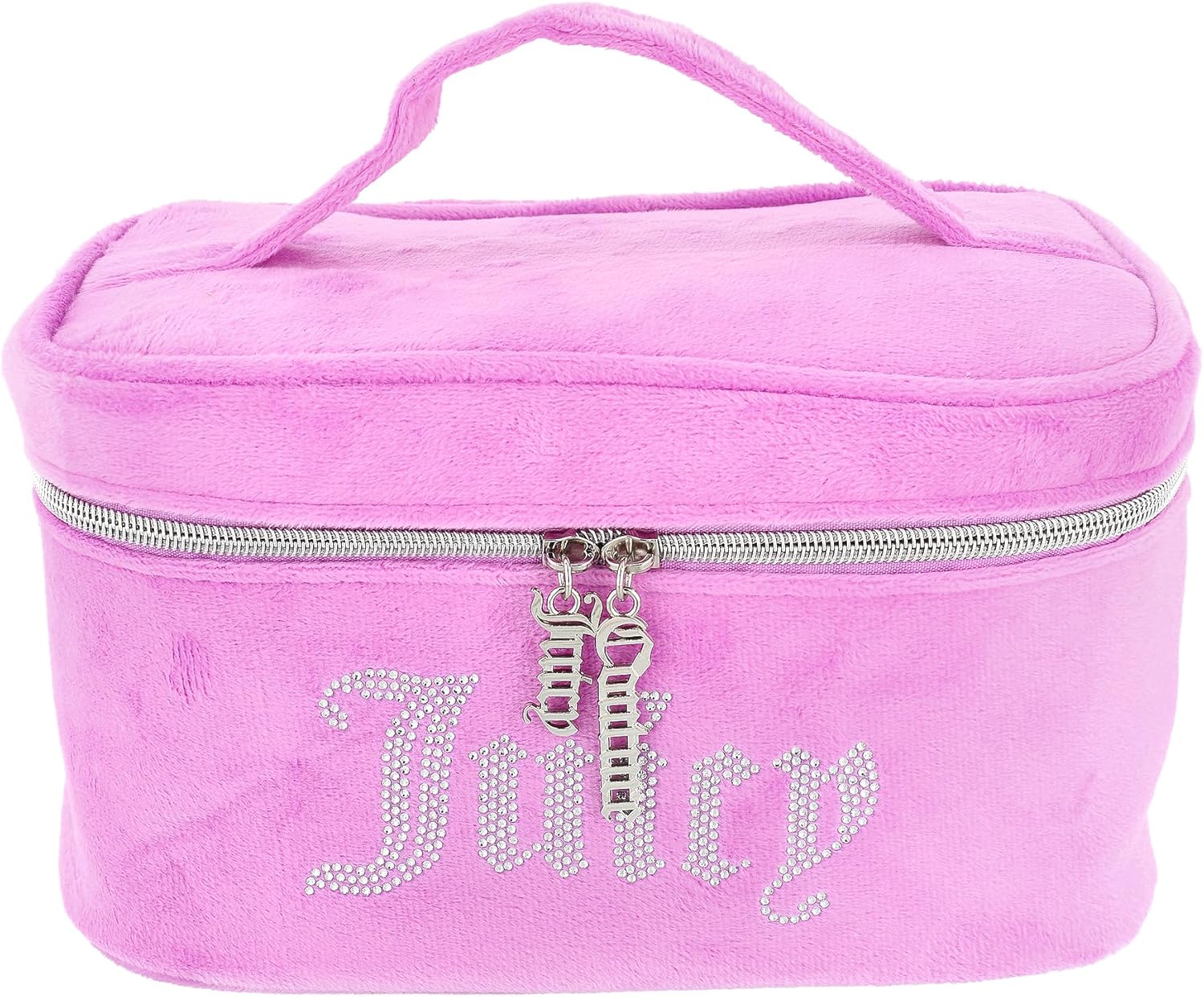 Juicy Couture Black Pink Makeup Bag Cosmetics Organizer Travel Essentials Train Case Velour Rhinestones