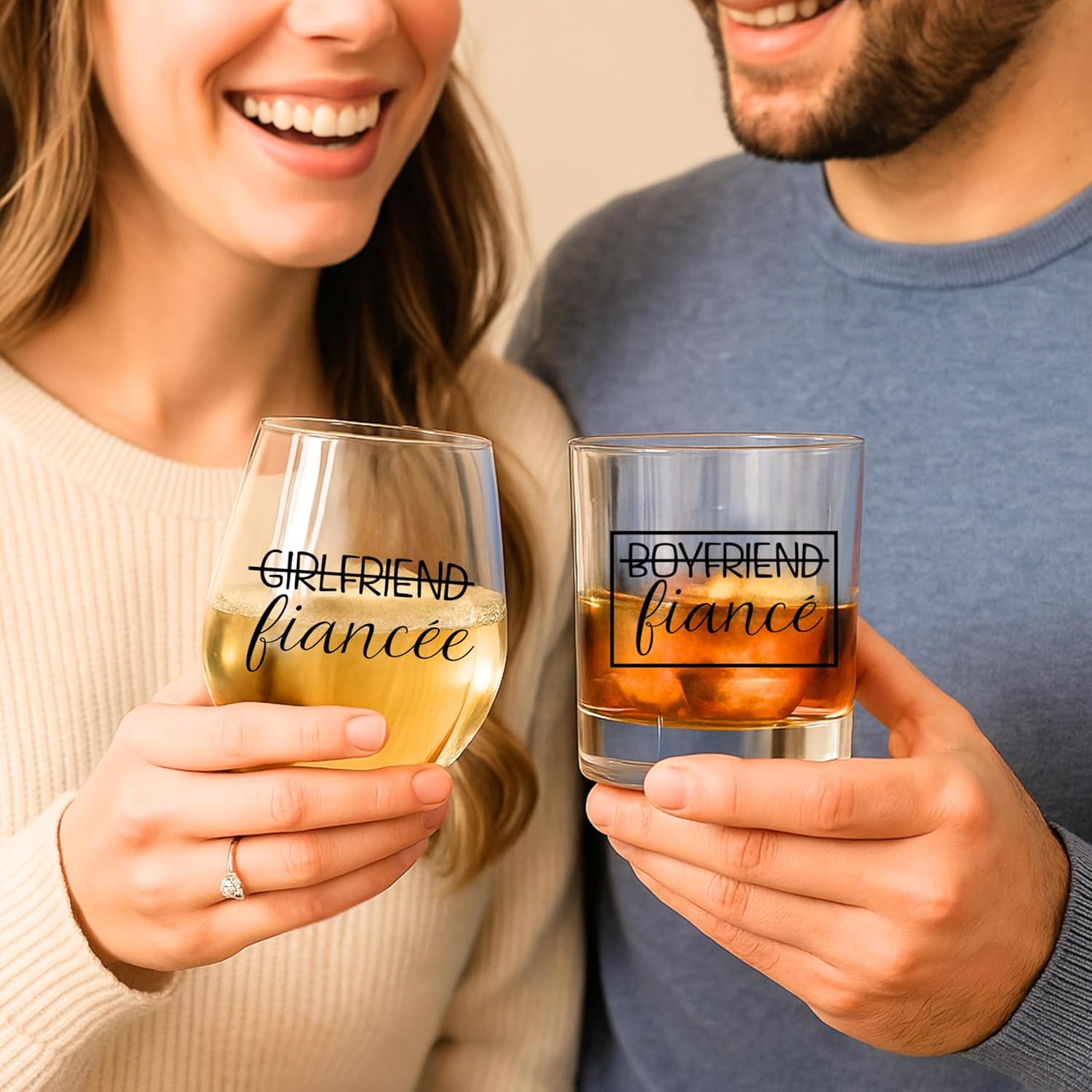 Boyfriend and Girlfriend Wine and Whiskey Glass Gift Set - Engagement Gifts for Couples - Fiance Fiancee Gift for Him and Her - His and Hers Glasses For Mr and Mrs Bride and Groom to be