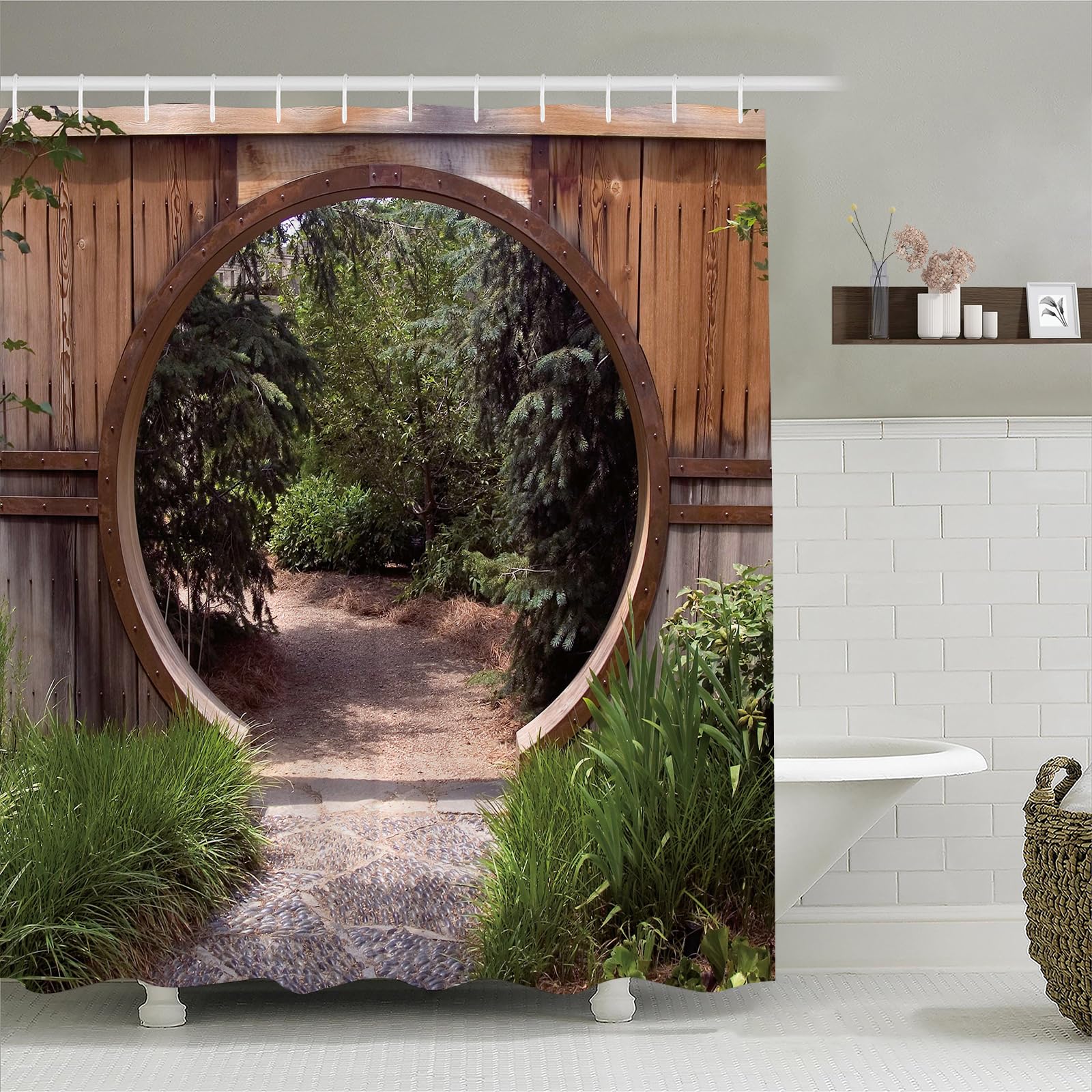 Simpomsy Japanese Shower Curtain Outdoor, Shower Curtain for Garden Decoration, Circle Rustic Doorway Gate Scenery Waterproof Bathroom Curtain with 12 Hooks 180x180cm