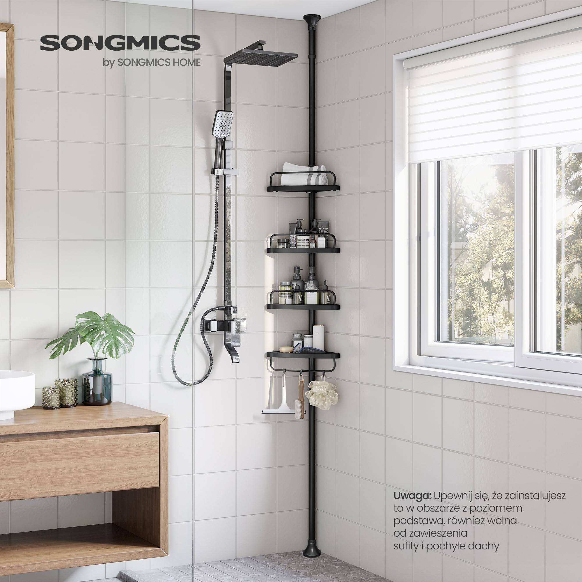 SONGMICS Narożna półka prysznicowa, 4-poziomowa półka prysznicowa, 85-305 cm, regulowany organizer łazienkowy, czarny BCB001B01
