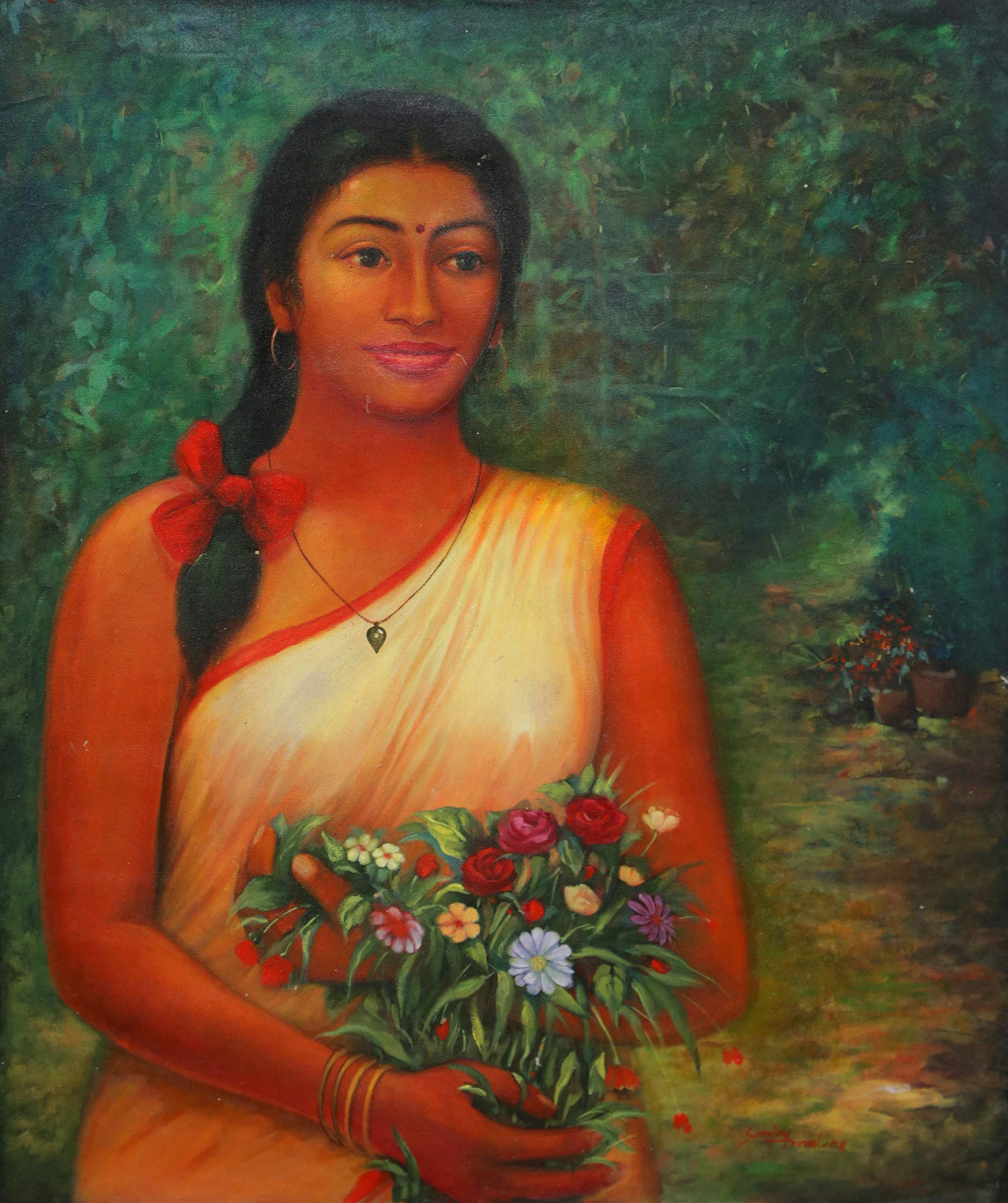 Lady With Flowers (Acrylic Painting By Sanjoy Mal)-image-9