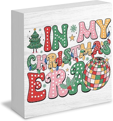 Miniatura 1 de Groovy - Letreros de madera retro con texto en inglés "Merry Christmas", decoración de época de discoteca para escritorio de oficina en casa,