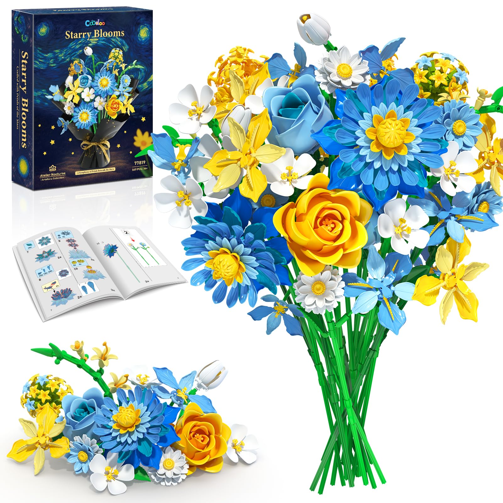 Flowers Building Blumenstrauß-Bauset Sternenblüten, Kompatibel mit LEGO Blumen – Geburtstag & Geschenk für Frauen Männer Kinder Jungen Mädchen Blumenliebhaberinnen