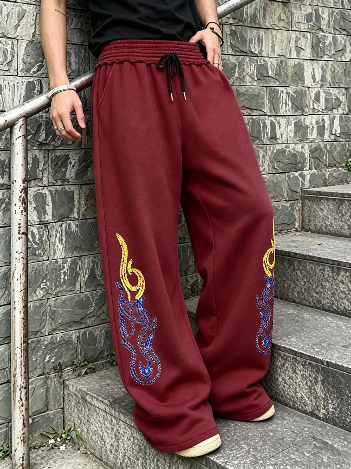 FEESHOW Men Wide Leg Sweatpants Double Waistband Joggers