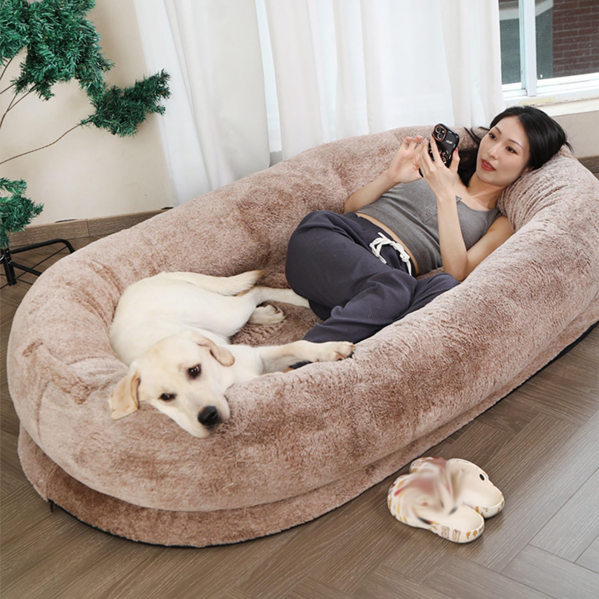 MTNBHH Large Human Dog Bed for Adults, Washable Luxury Faux Fur Napping Bed, Giant Beanbag With Matching Blanket