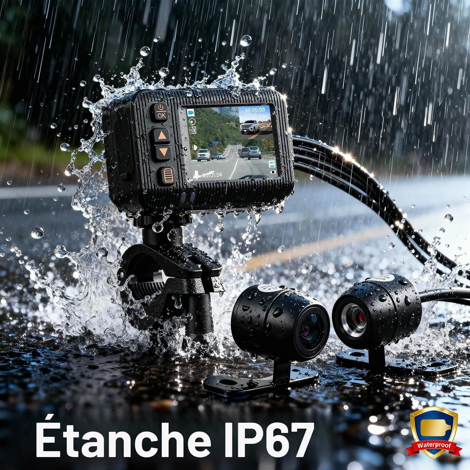 SIXWIN Dashcam Moto HD 1080P Avant/Arrière – Double Caméra IP67 Étanche, Écran 2", G-Sensor, Boucle d'Enregistrement, Grand Angle – Idéal pour Moto, Sport, UTV & ATV