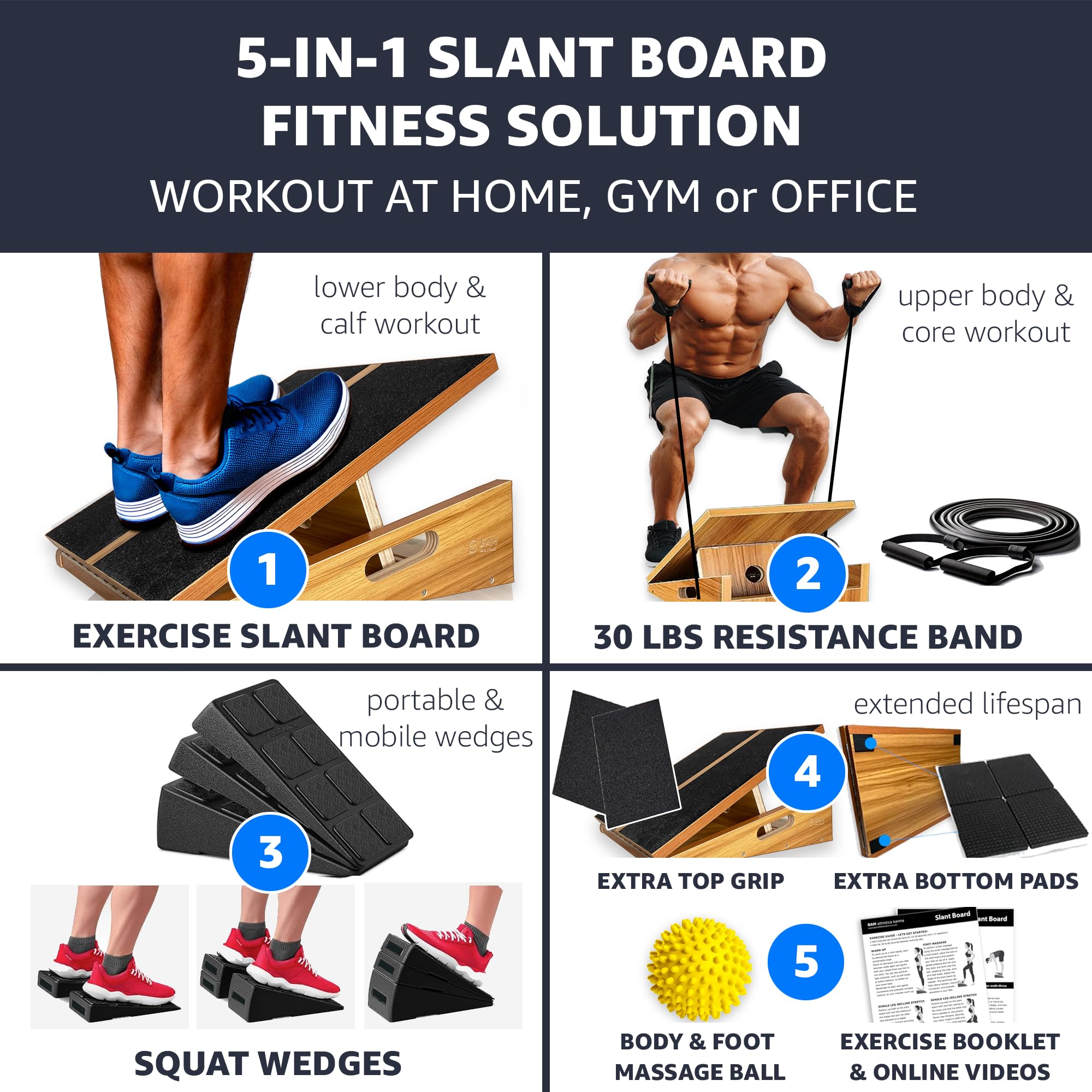 BAM - Tablas inclinadas para ejercicio, tabla inclinada de madera ajustable para estirar pantorrillas, sentadillas, terapia física, fascitis plantar, tendón de Aquiles, rodilla, pie y tobillo, tabla