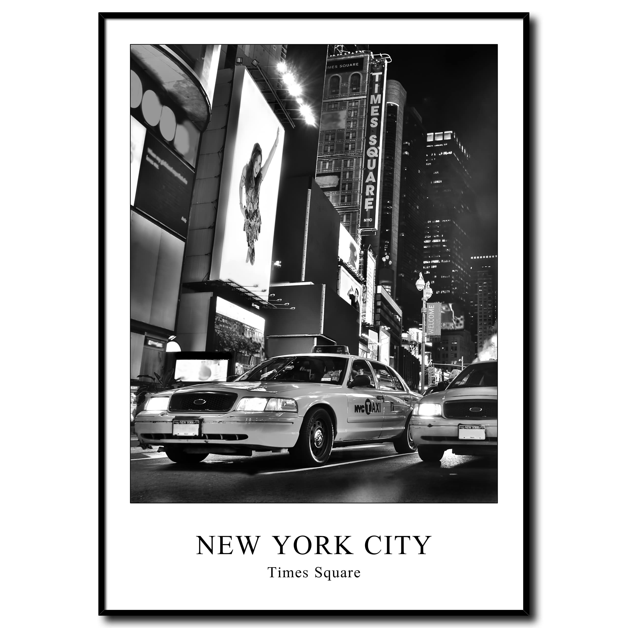 daazoo Tableau Décoratif New York Times Square Taxi 50 x 70 cm avec Cadre Premium - Image Ville de Nuit Noir et Blanc - Décoration Murale Moderne pour Salon et Bureau - Style Urbain