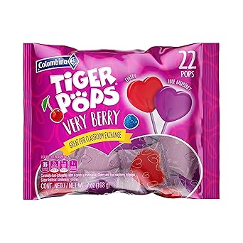 Colombina Very Berry Tiger Pops Heart Shaped Lollipops Cherry Blue Raspberry Individually Wrapped Candy for Parties Classroom Exchange Kids Treats, 22 Count Pack of 1