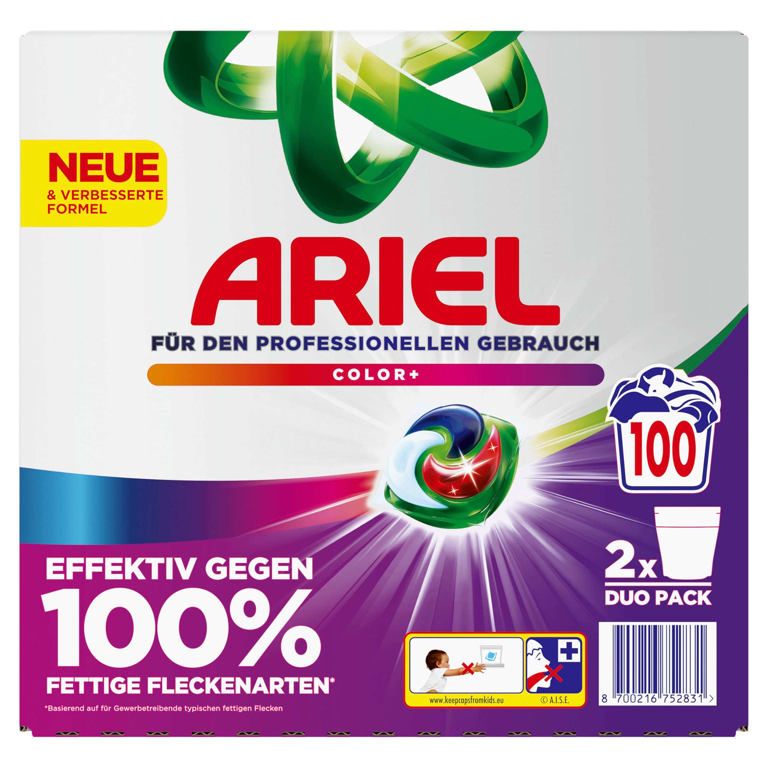 Ariel Professional All-in-1-Pods Waschkapseln Color+, bekämpft alle Arten von Fettflecken, für den professionellen Gebrauch