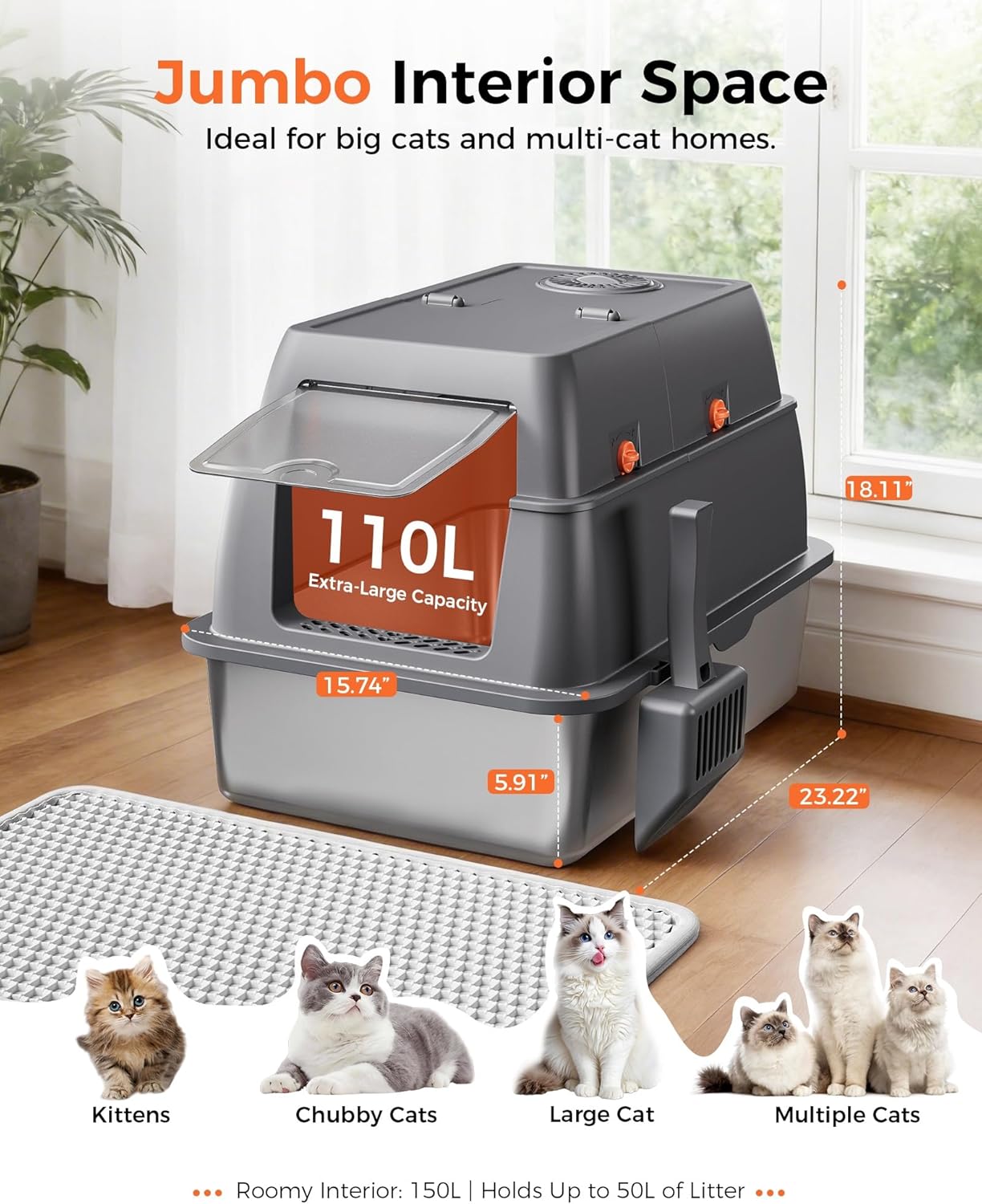 GTPLAYER XXL Stainless Steel Cat Litter Box with Lid, High Sided Enclosed Cat Litter Box, Activated Carbon Odor Control, Extra Large Metal Litter Box, Anti-Leak, with Mat & Scoop, Pinky Paws