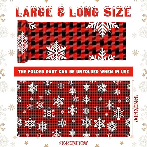 Miniatura 2 de Mantel navideño de 100 pies de largo, diseño de copos de nieve, color negro y rojo, diseño de copos de nieve, decoración de mesa de Navidad para