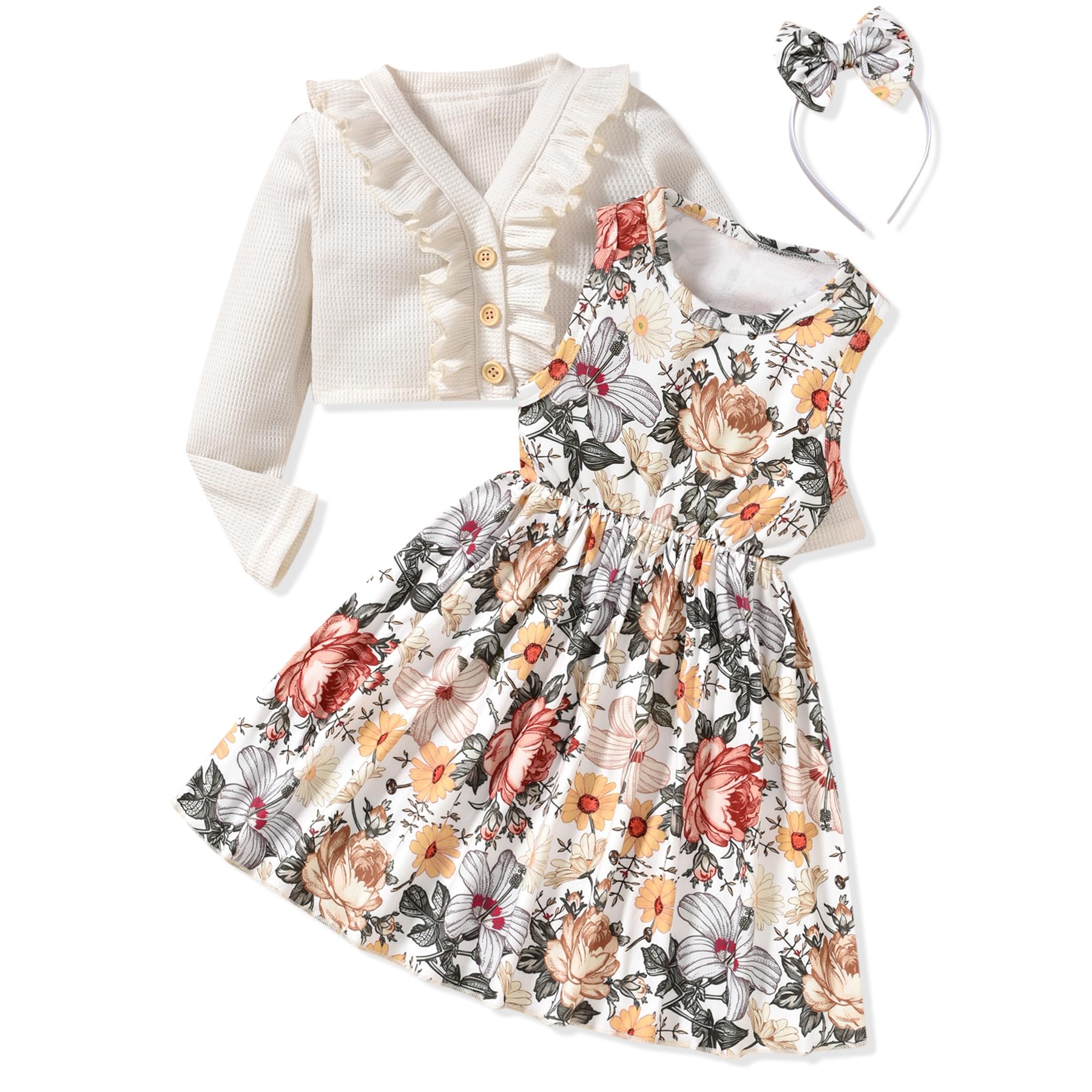 HINTINA Toddler Little Girls Dress And Cardigan Sets 2 Piece Floral Print Sleeveless Dress and Long Sleeve Cardigan Set