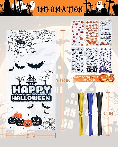 Miniatura 7 de NESIMY Bolsas de golosinas de Halloween para celofán, bolsa de celofán a granel con lazos giratorios para dulce o truco, regalos y recuerdos de