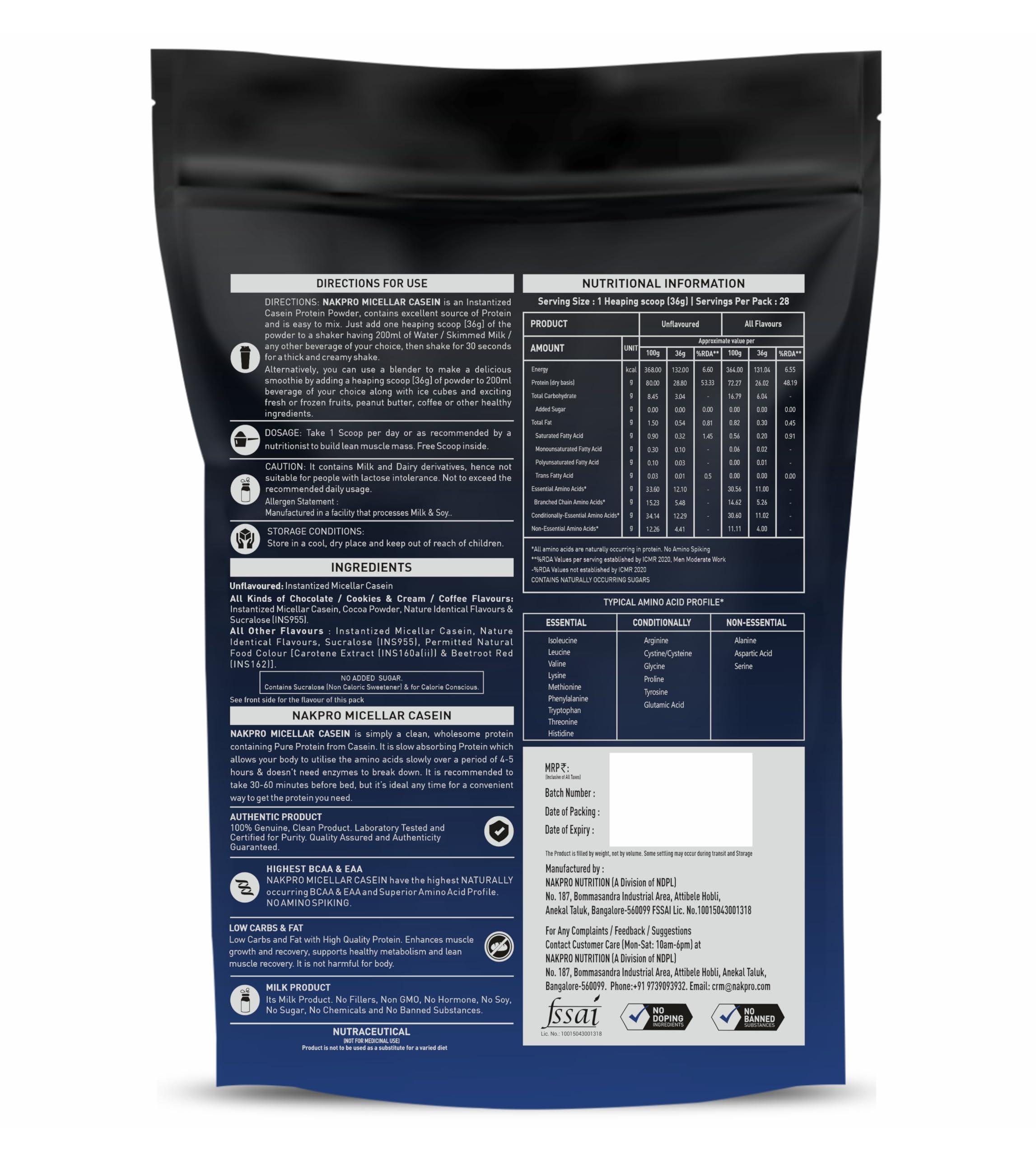 NAKPRO 100% Micellar Casein Protein Supplement |28.8g Protein, 12.10g EAAs, 5.48g BCAAs - (Unflavoured-1 Kg) — Amazon image 2