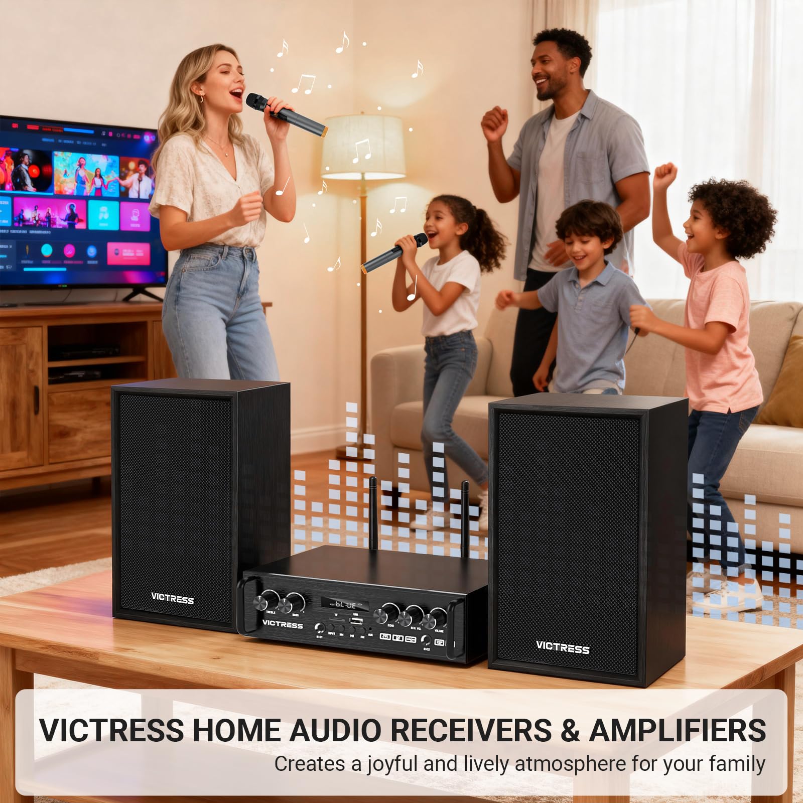 Ricevitori e amplificatore audio domestico all-in-one con altoparlante HiFi professionale e doppi microfoni wireless UHF, set di amplificatori stereo Bluetooth 5.0 per casa/festa/musica, USB/TF/AUX