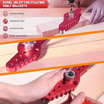 Dowel Jig Kit for Floating Shelf Bracket(& 1/2 x 11.8 Drill Bit), Self-Centering Scriber(& 1/4, 5/16, 3/8 Drill Bit),Drill Guide for Hidden Shelf Brackets & Mantels,Centering Hole Drill(Red)