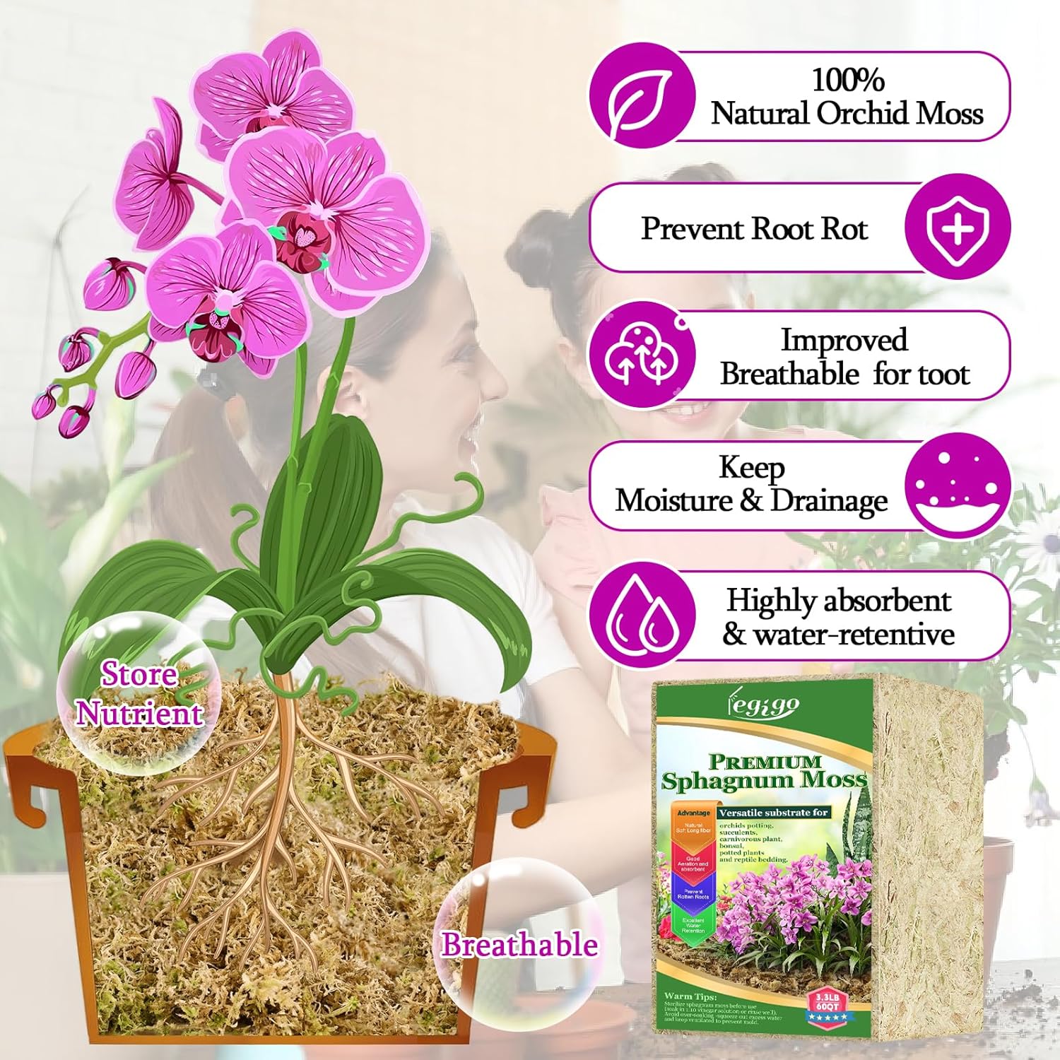 Legigo 3.3lb Natural Sphagnum Moss for Plants, 60QT Long Fiber Orchid Moss Potting Mix, Dried Sphagnum Moss for Plants Indoor, Orchid Repotting, Succulent, Carnivorous Plants, Terrarium and Reptiles