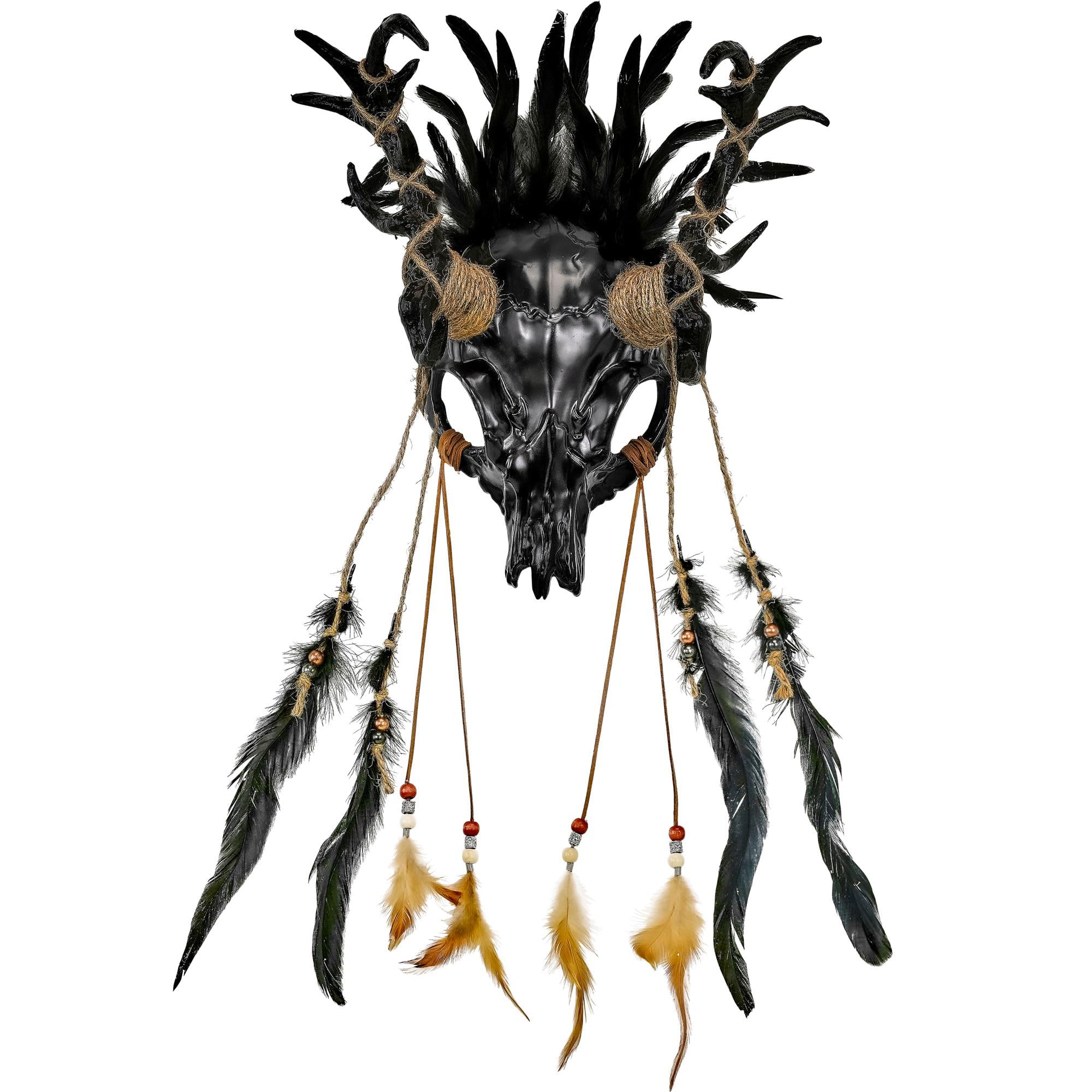 W WIDMANN MILANO Party Fashion - Shaman Mask Bull Skull with Deer Antlers and Feathers, Carnival, Halloween Accessory