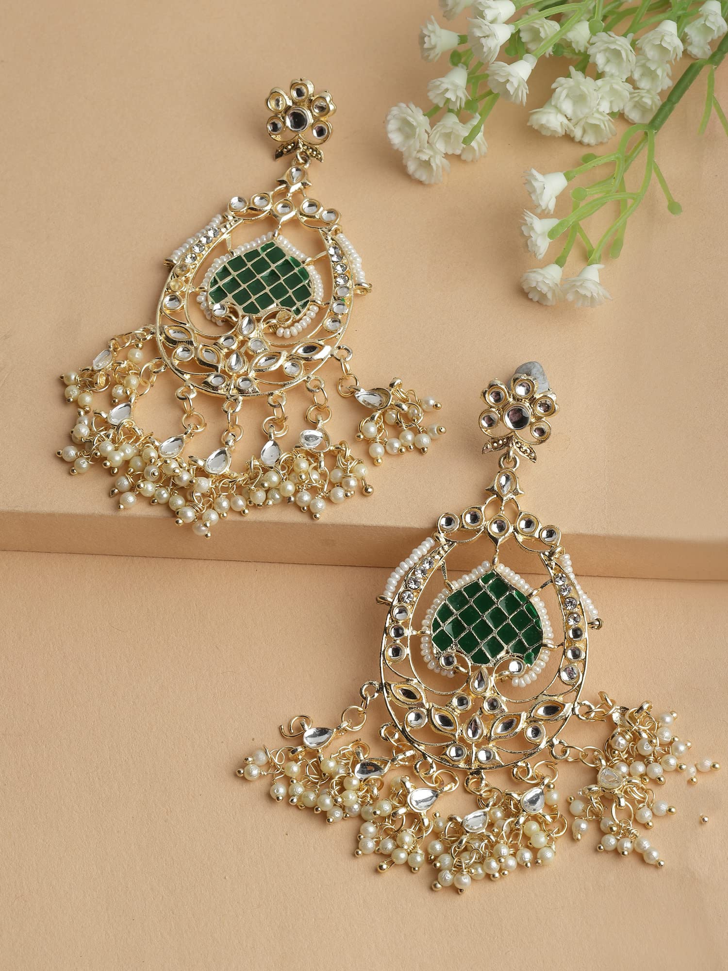 Stylish Traditional Kundan Earrings, Green