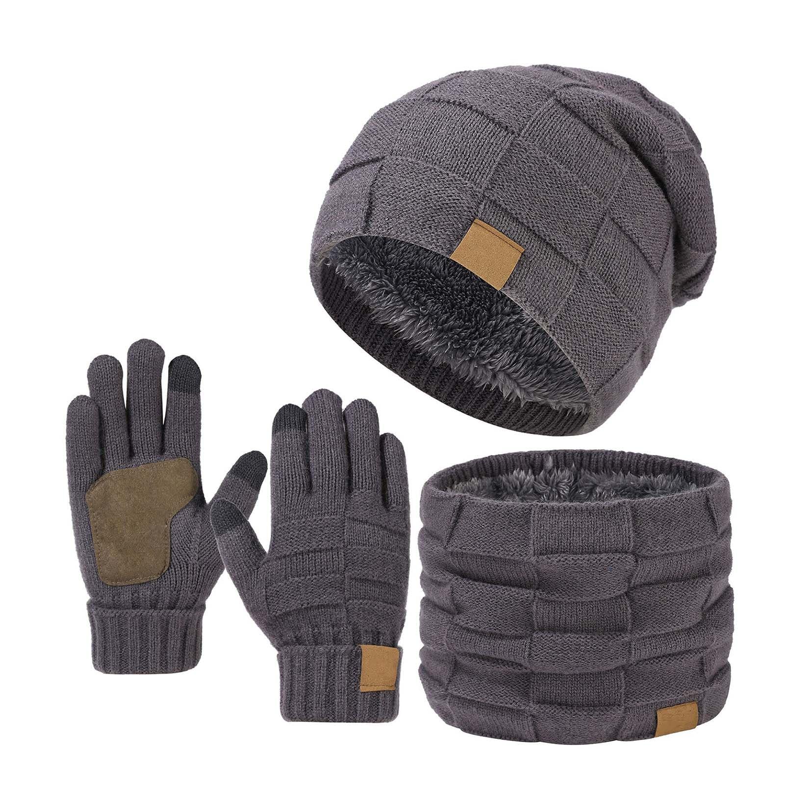 Herren- und Damen-Hut-Schal-und-Handschuh-Set, winterliche thermische Strick-Fleece gefütterte Mütze, Schneehalswärmer und Touchscreen-Handschuhe, wärmende Accessoires