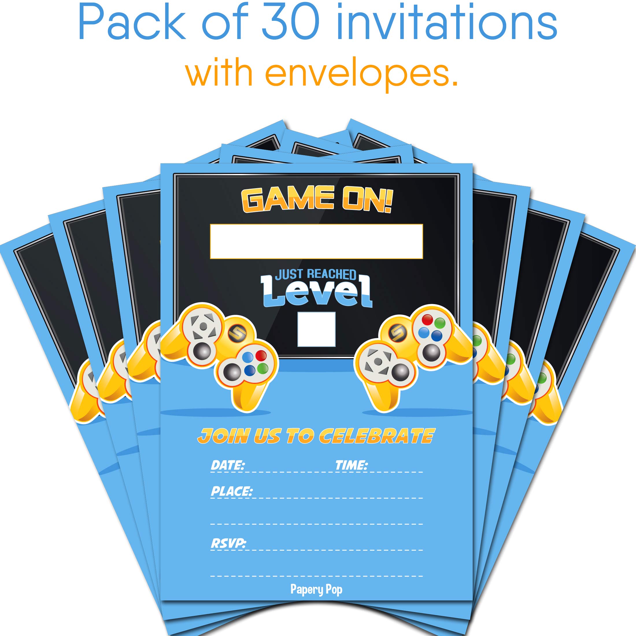 30 Video Game Party Invitations with Envelopes (30 Pack) - Kids Birthday Invitations for Boys or Girls - Video Game Party Decorations Supplies