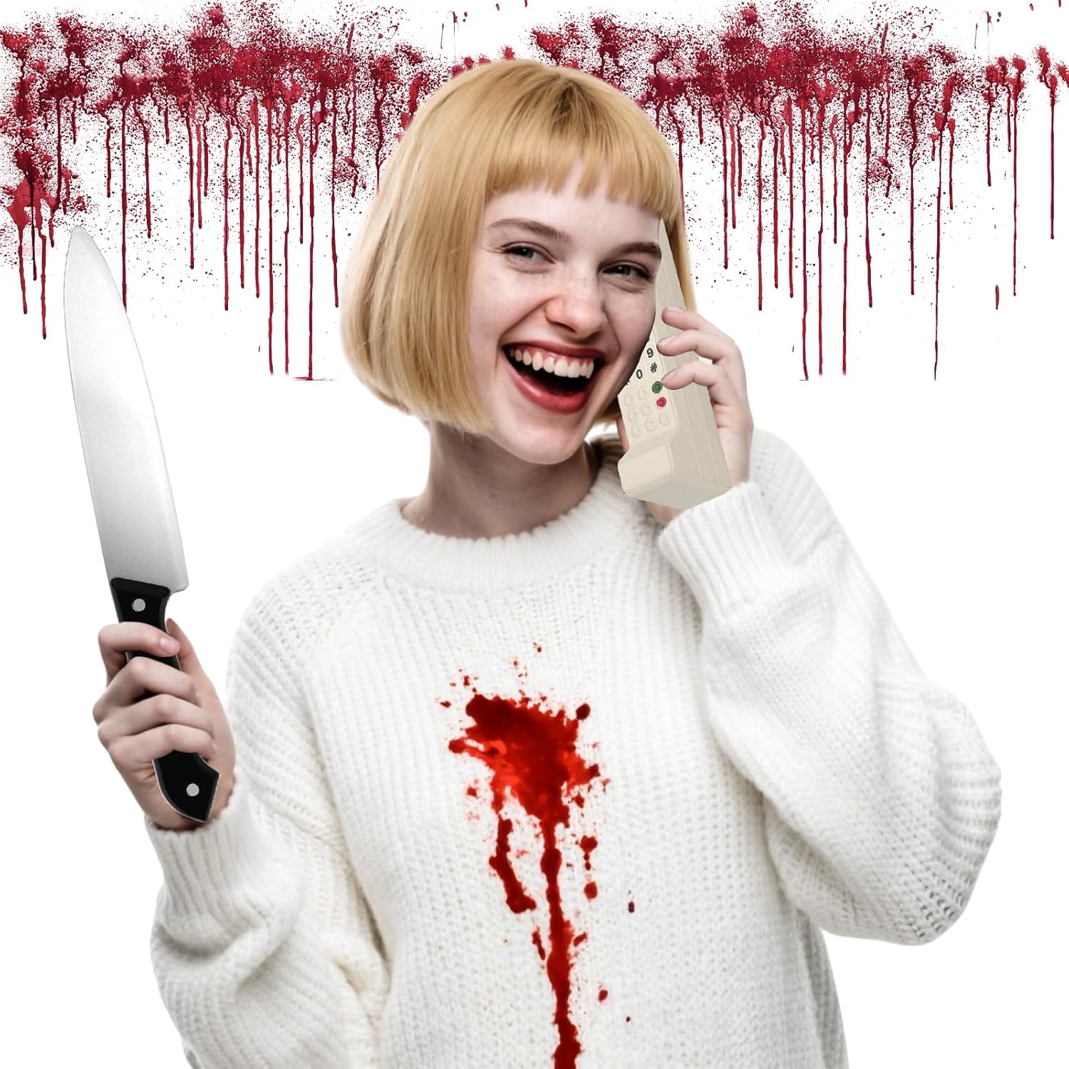 6 PCS Halloween Casey Scream Costume Accessories for Women Include Light Blond Wig, Hairnet, Retro Brick Phone Model, Fake Blood, Plastic Knife, Sponge, for Halloween Cosplay Party White