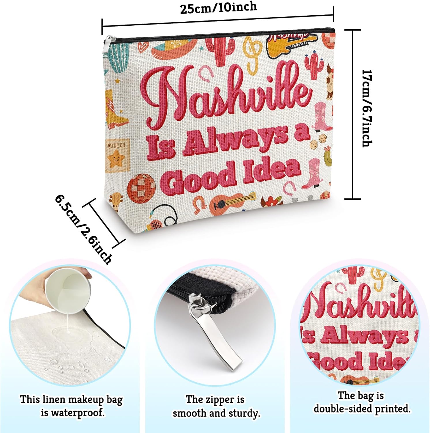 Cowgirl Gifts Nashville Trip Makeup Bag Western Cowgirl Gifts Vacation Present for Friends Coworker Nashville Lover Gift Cosmetic Bag Christmas Birthday Weekend Trip Present Zipper Travel Pouch - Image 2