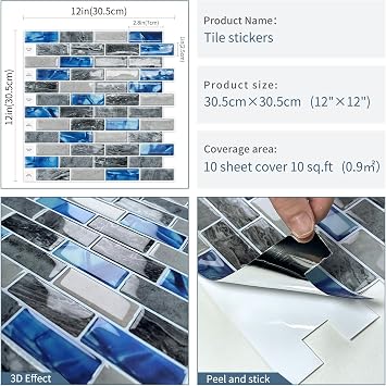 DEWOO Peel and Stick Backsplash 3D Self Adhesive Wall Tile Blue 10 Sheet | Sticky,Vinyl,Rental friendly,Marble,for Kitchen,Bathroom,12x12