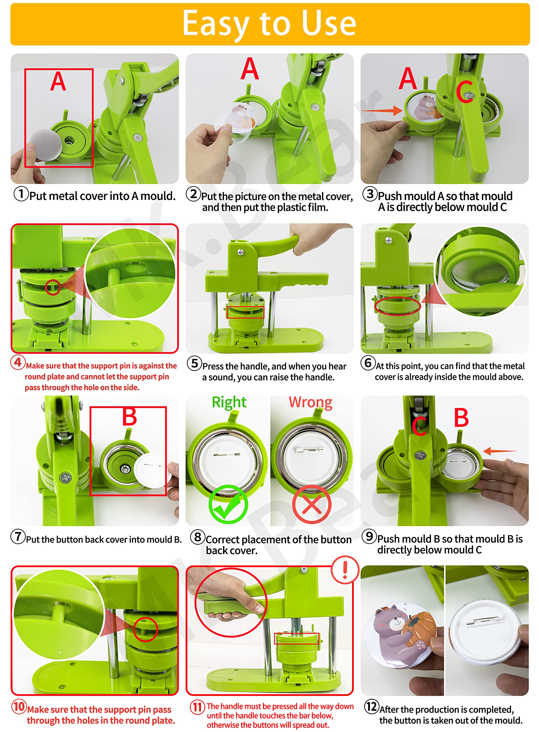 Button Maker Machine - Multiple Sizes 1.25in+2.25in, Kit for DIY Gifts, Button Press Machine with Free 200PCS 32-58mm Supplies & 2 Circle Cutter