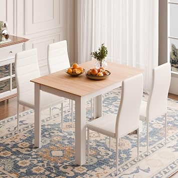 Mondeer Dining Table and Chairs Set 4, 120x80x75cm, for Kitchen Home Office | 4 Seater Table and Chairs Set Dining Room Sets High Back Faux Leather Chair, Oak Table and White Chairs