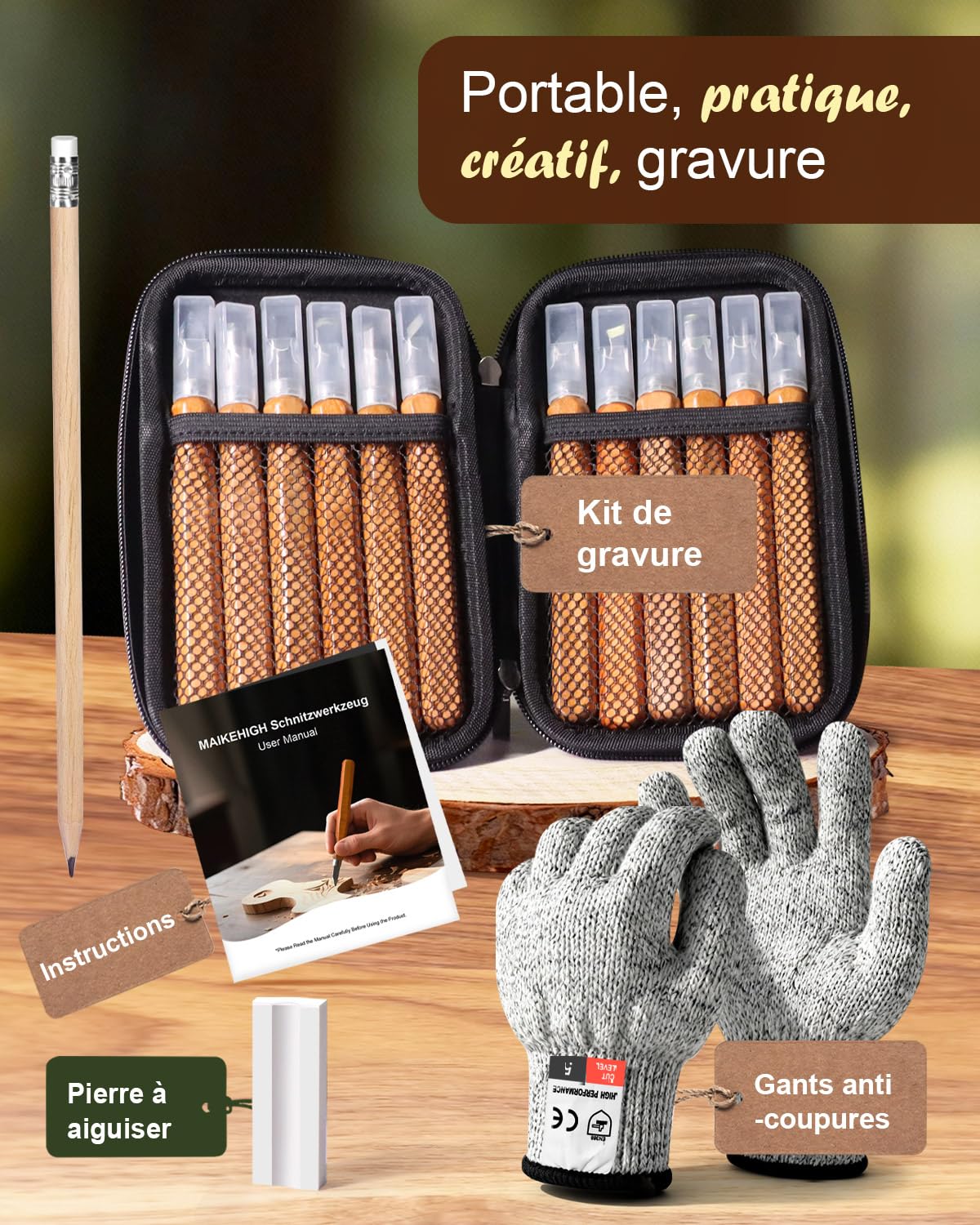 MAIKEHIGH Kit d'outils de sculpture sur bois 16Pcs,Ciseaux à Bois pour bricoleur Sculpture Experts en charpentier et débutants avec Gants Anti-coupures