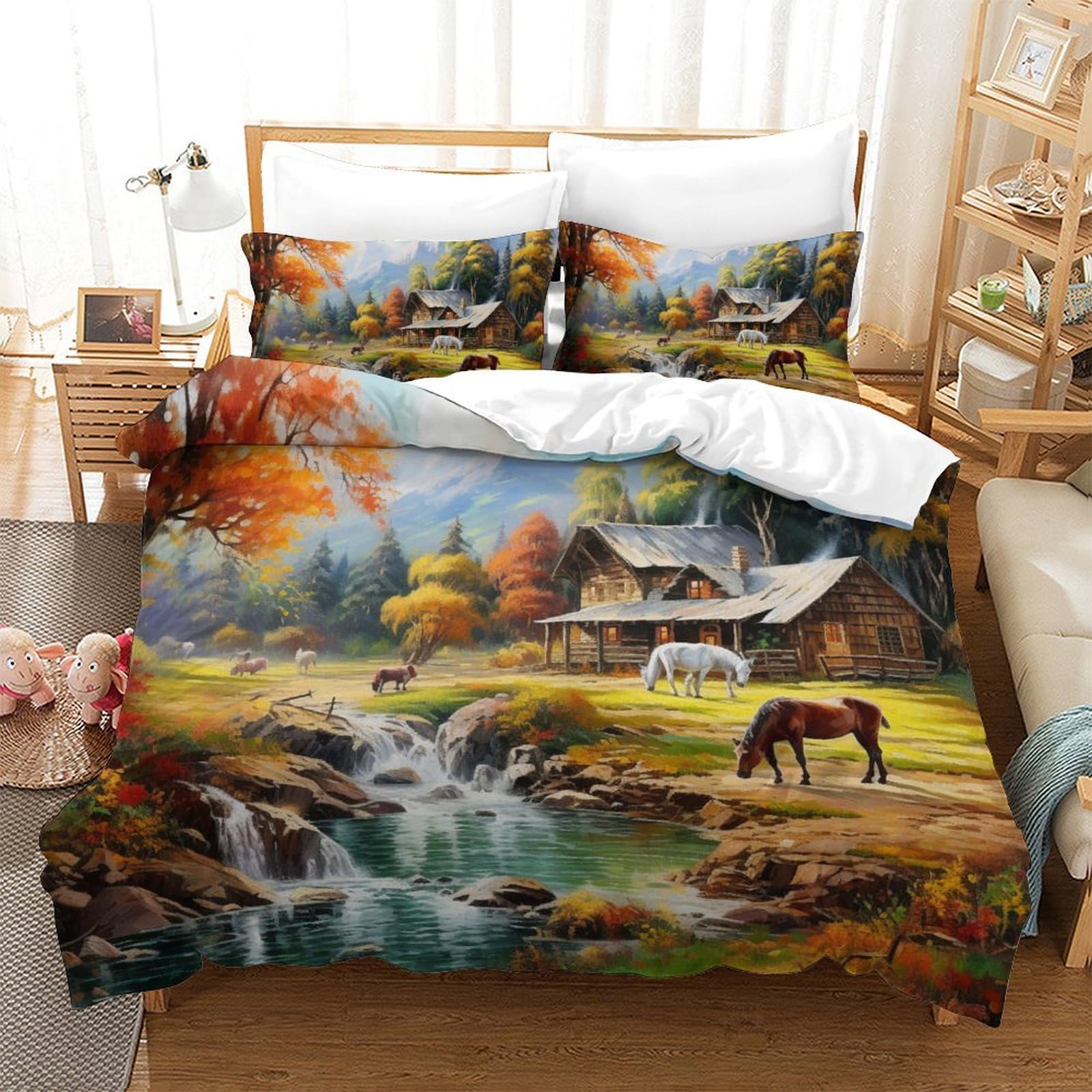 Housse de couette 3D chalet de montagne 200x200cm avec taie d'oreiller zippée lit double