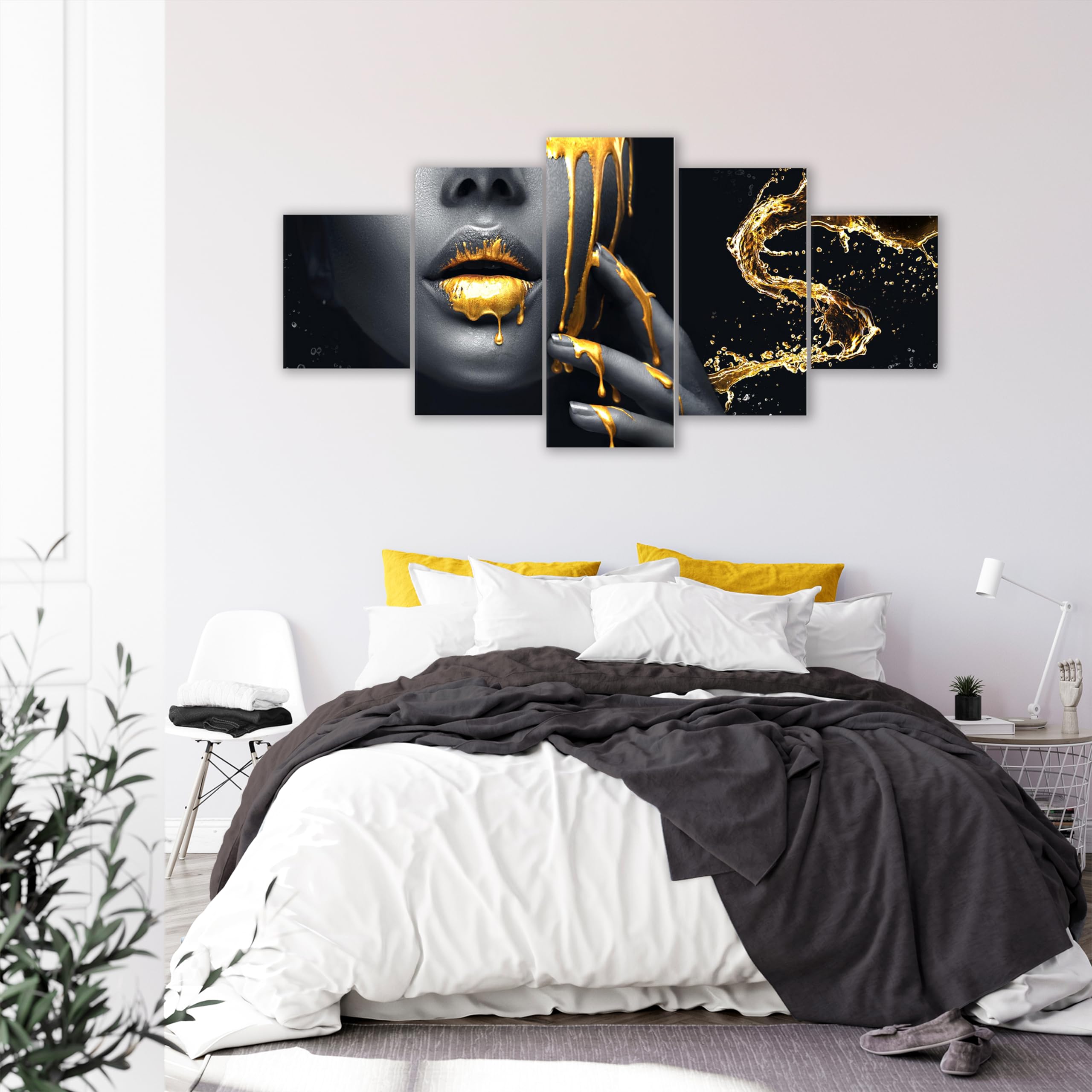 Runa Art - Cuadros Decorativos labios dorados 200 x 100 cm 5 Piezas XXL Decoracion de Pared Diseño oro negro 041551a