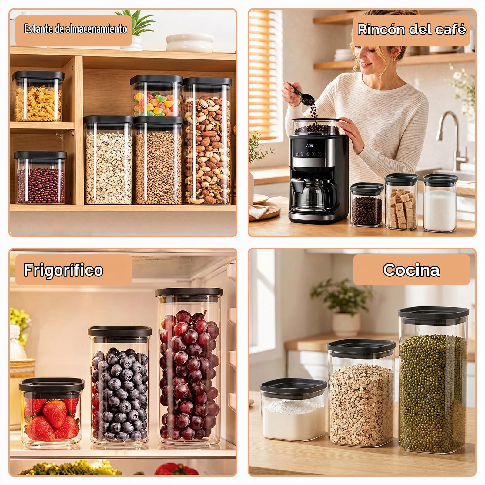 twoant Juego de 4 Cuadrada Tarros de Cristal Con Tapa Hermética y Apilable Transparente，1400ml Cocina Botes Almacenaje Ideales Para Guardar Especias, Pasta, Legumbres, Avena, Cereales, Etc