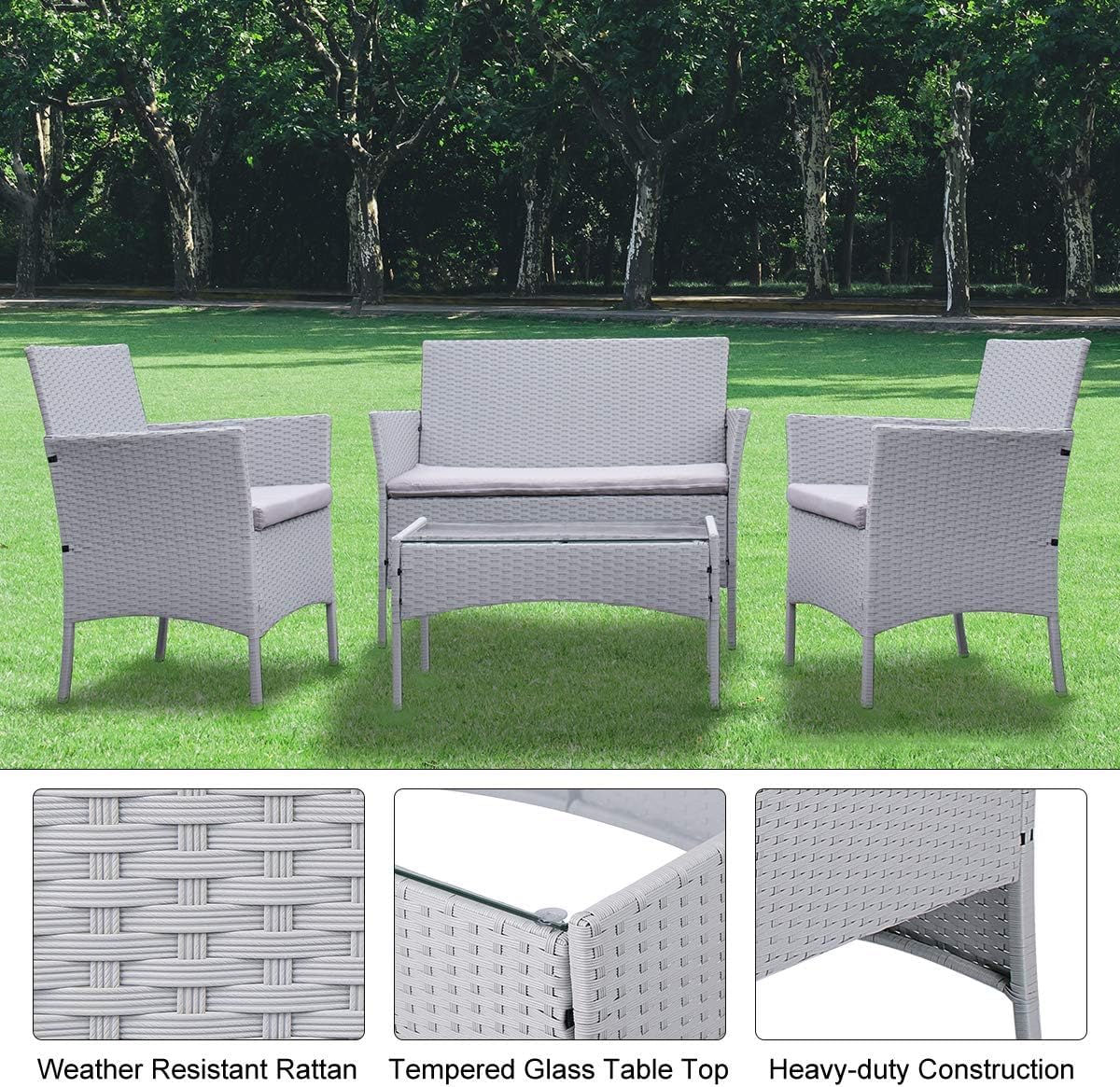 bigzzia - Juego de Muebles de Patio, Sofá Seccional para Todo Tipo de Clima, Tejido Manual, Mimbre y Ratán, Juego de Conversación para Patio con Cojín y Mesa de Vidrio