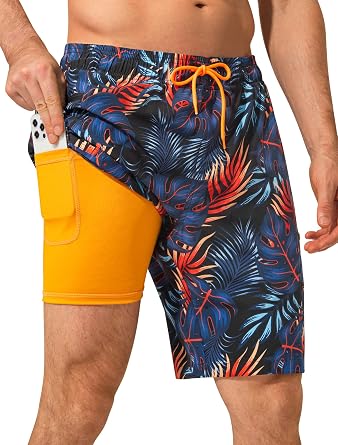 SILKWORLD Mens Swim Trunks with Compression Liner Quick Dry Bathing Suit 9" Swimming Beach Shorts with Zipper Pockets