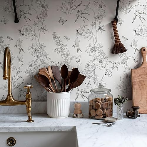 Miniatura 4 de HomKihapai Papel tapiz vintage - Papel tapiz blanco y negro de 236 x 17.4 pulgadas, papel tapiz floral para despegar y pegar, papel tapiz moderno de