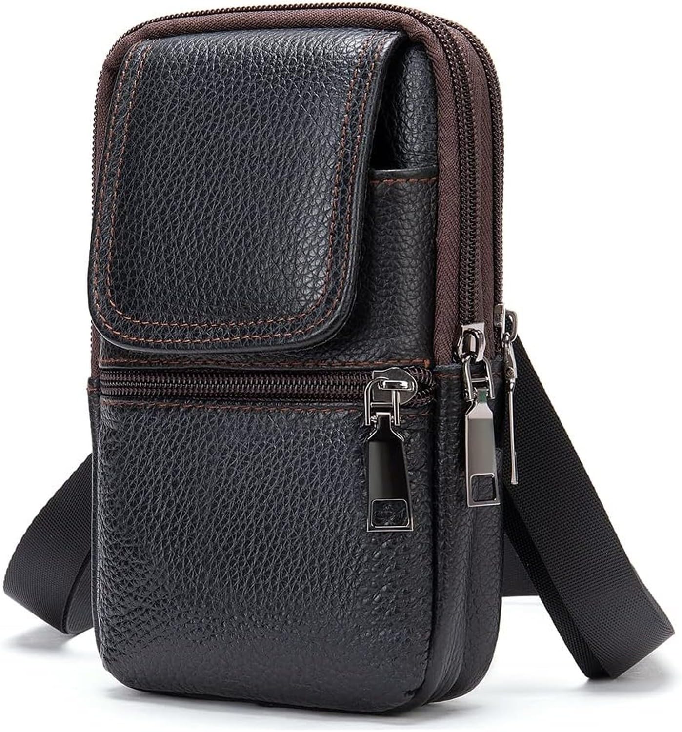 AIEIJJH Leather Mobile Phone Shoulder Holster, Small Vertical Cell Phone Belt Clip Bag, Crossbody Messenger Pouch for Men, Travel Wallet Pocket Case Fits Smartphone Min, Black