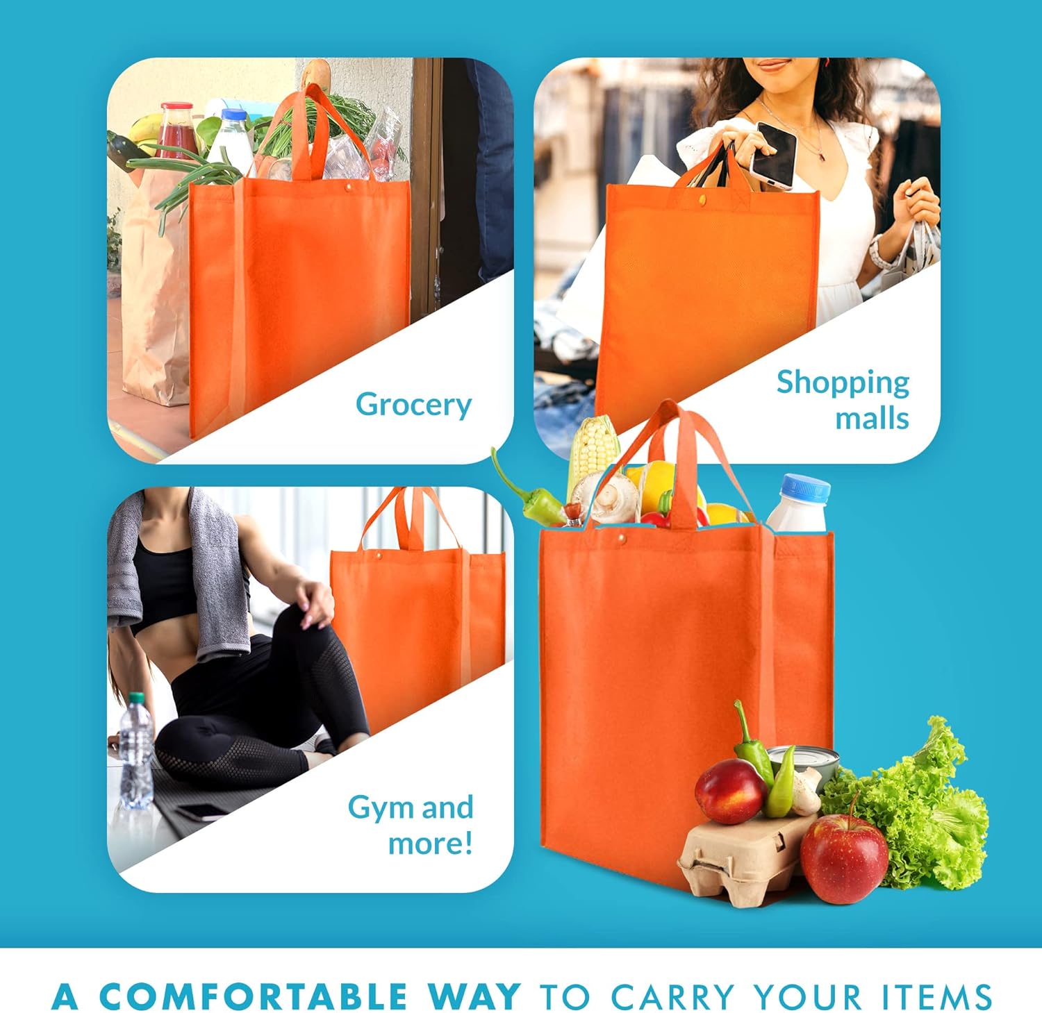 Simply Green Solutions - Reusable Grocery Bags, Durable Large Tote Bags, Shopping Bags for Groceries, Utility Tote, Reusable Gift Bags With Handles, 14 x 16.5 x 6, Pack of 10, Orange - Image 5
