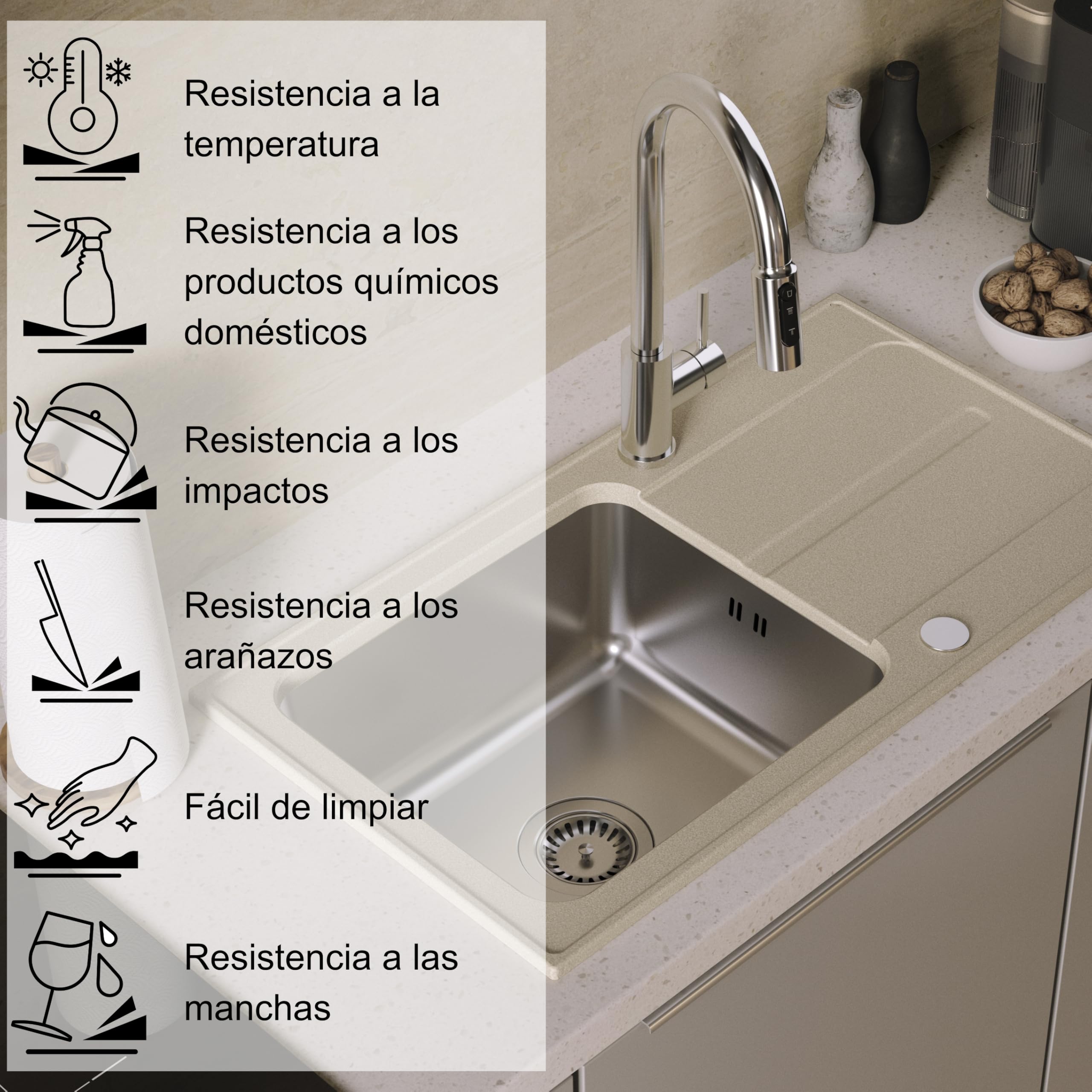 QUADRON fregadero gris | tamaño 78 x 43 cm | RALPH 111 fregadero de cocina de un seno con cubeta de acero | granito y acero inoxidable | con sifón y tapón de rosca | con escurridor